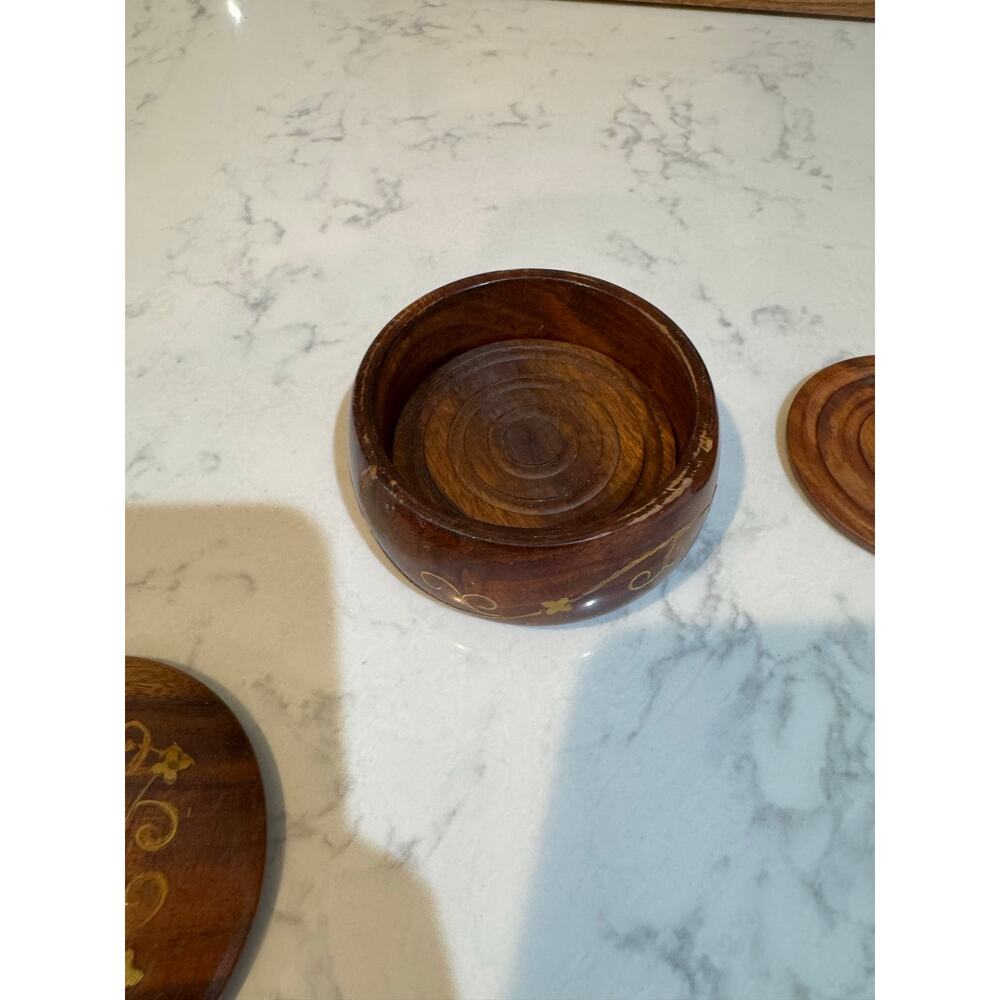 handcrafted wooden coaster set x6 featuring brass floral inlays bohemian - Picture 8 of 14